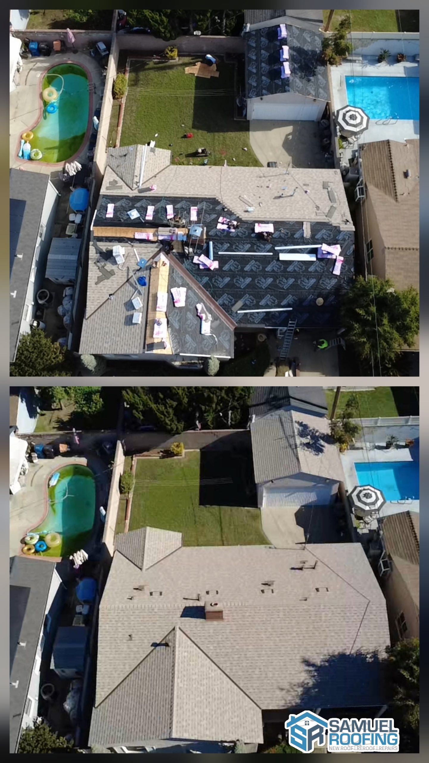 Asphalt Shingle Roof Replacement in Beverly Hills, CA — before and after drone photo