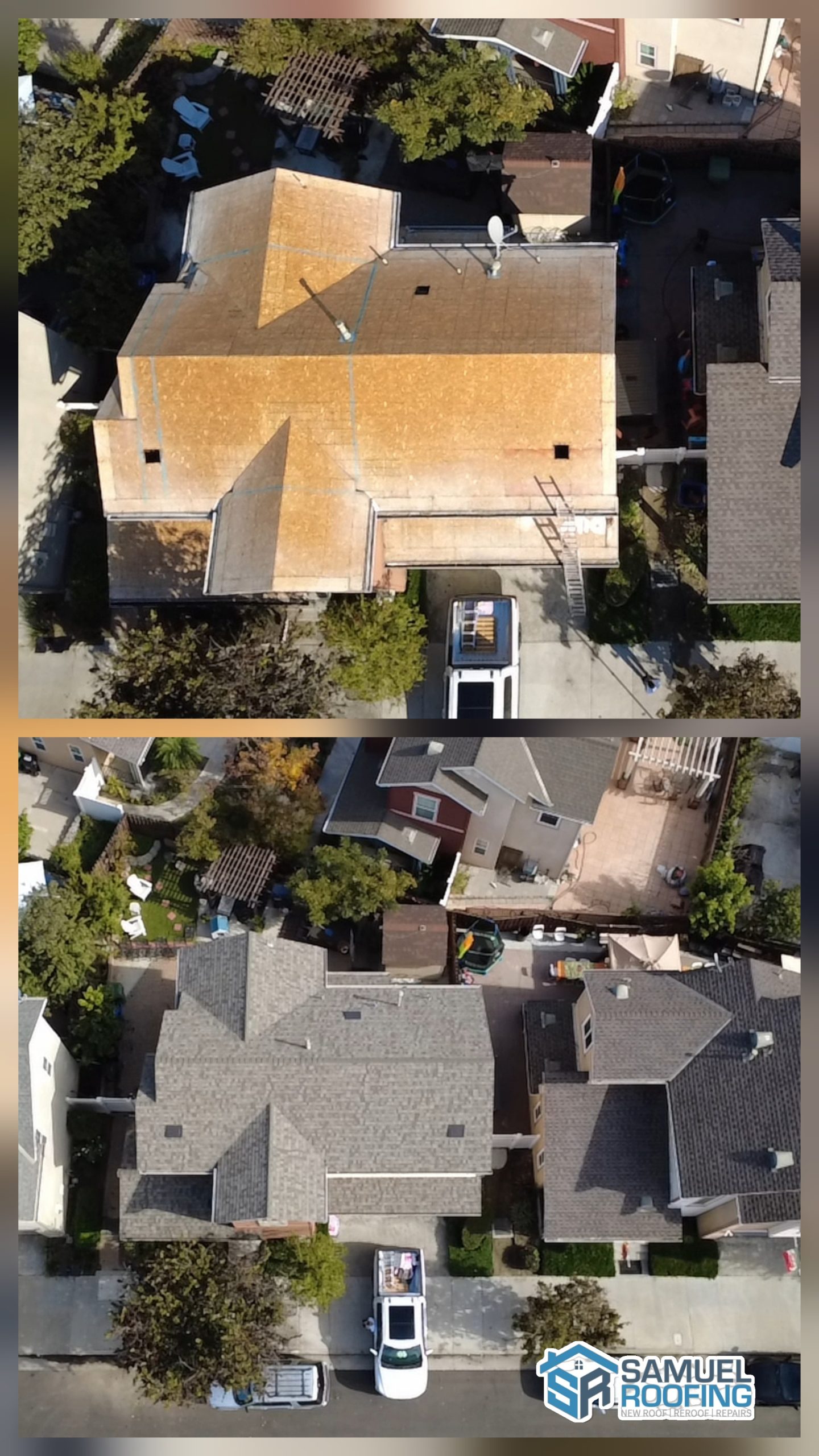 Asphalt Shingle Roof Replacement in Brentwood, CA — before and after drone photo