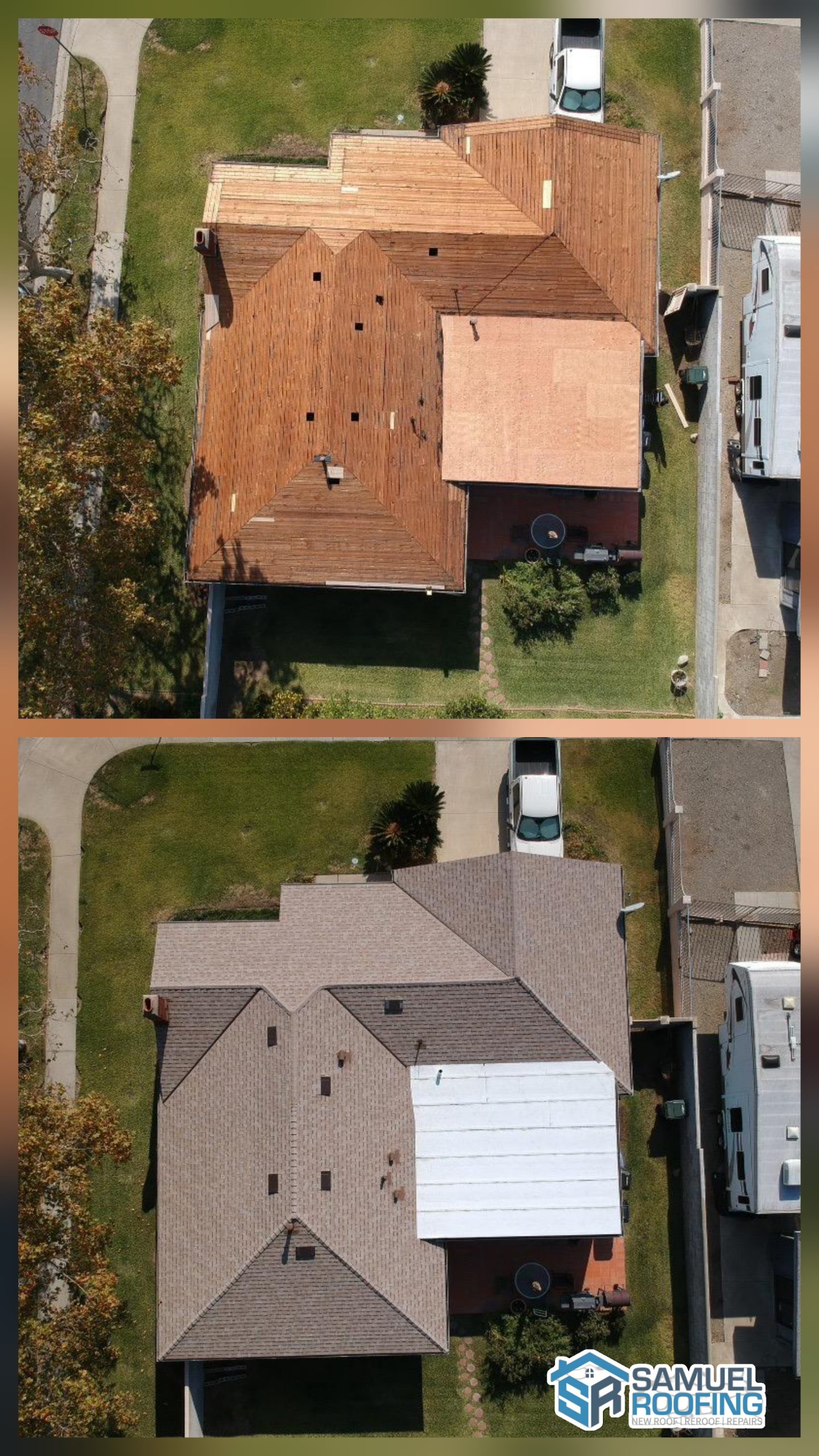 Asphalt Shingle Roof Replacement in Burbank, CA — before and after drone photo