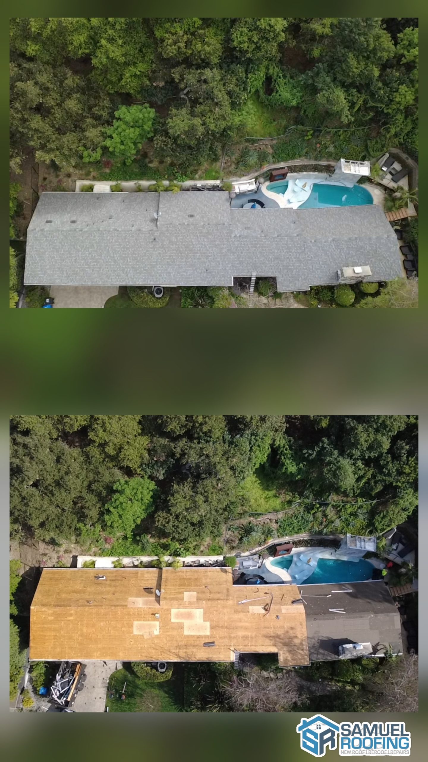 Asphalt Shingle Roof Replacement in Calabasas, CA — before and after drone photo