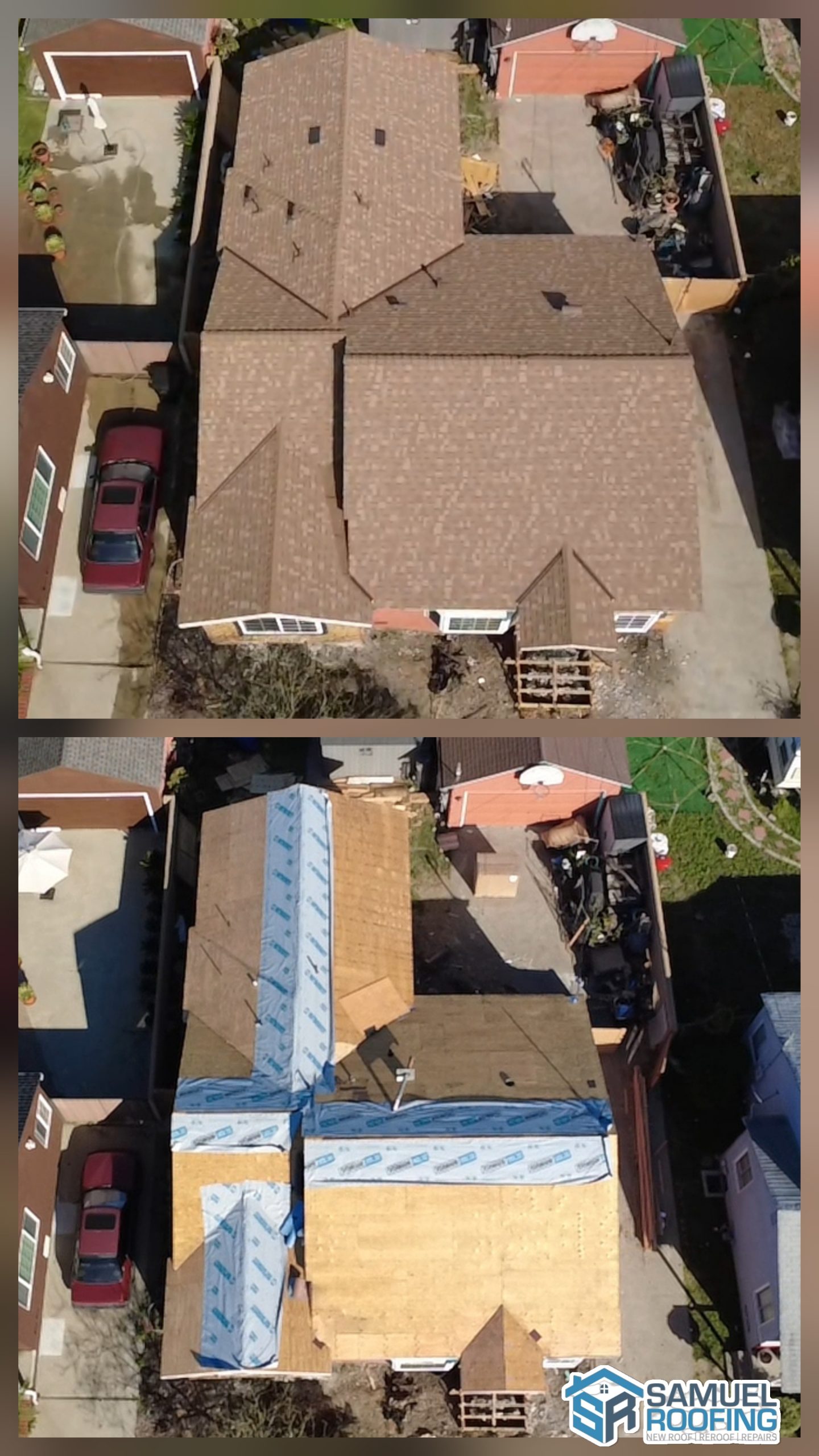 Asphalt Shingle Roof Replacement in Culver City, CA — before and after drone photo