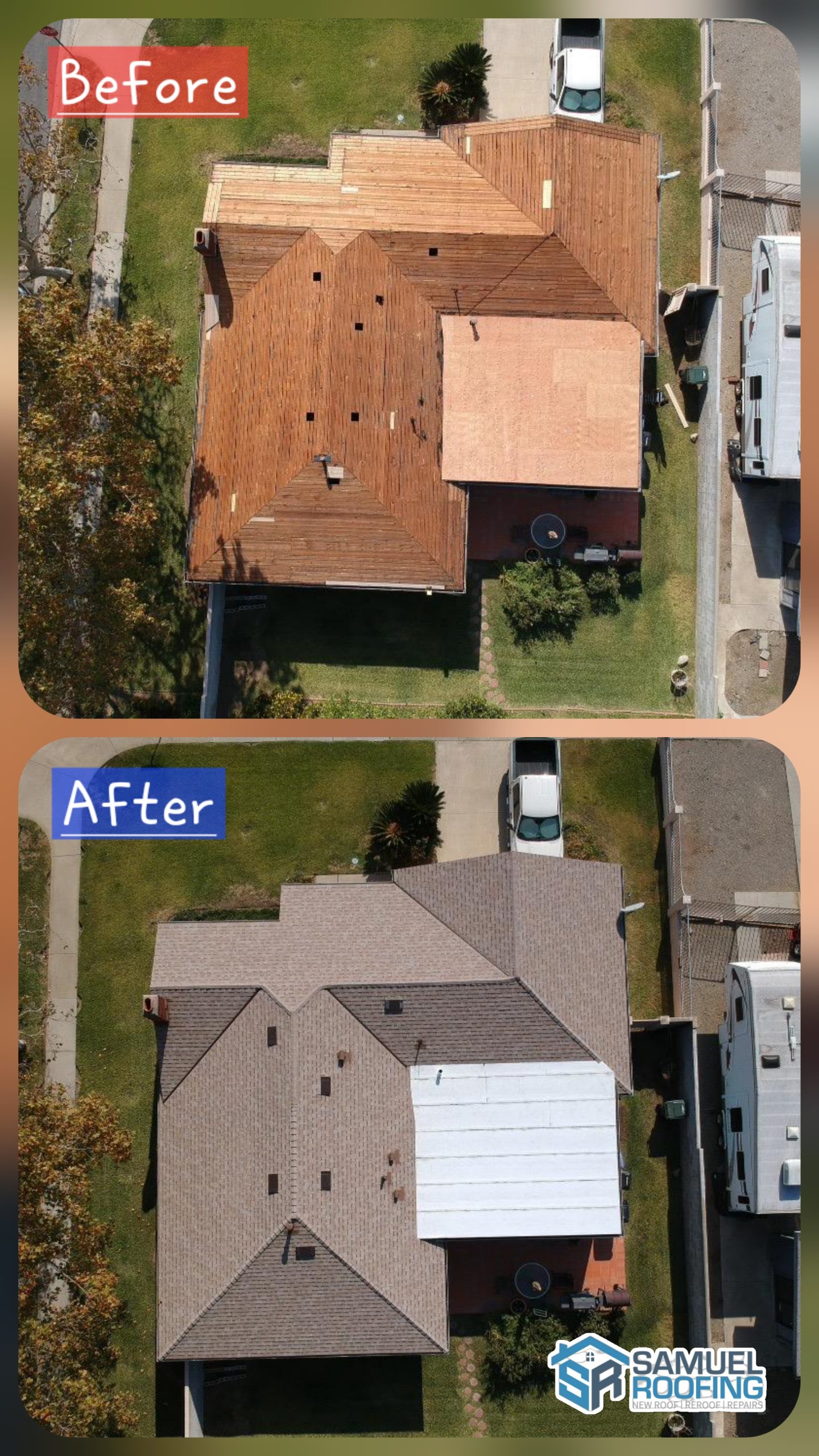 Asphalt Shingle Roof Replacement in Encino, CA — before and after drone photo