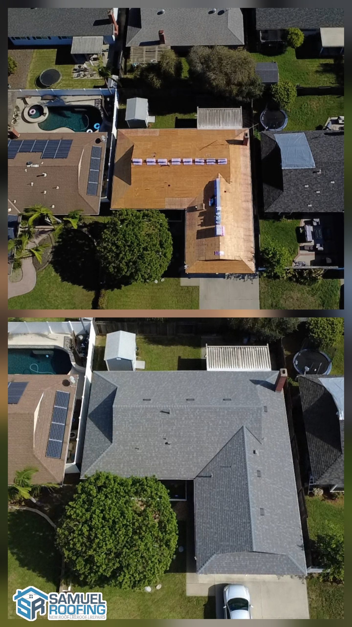 Asphalt Shingle Roof Replacement in Gardena, CA — before and after drone photo