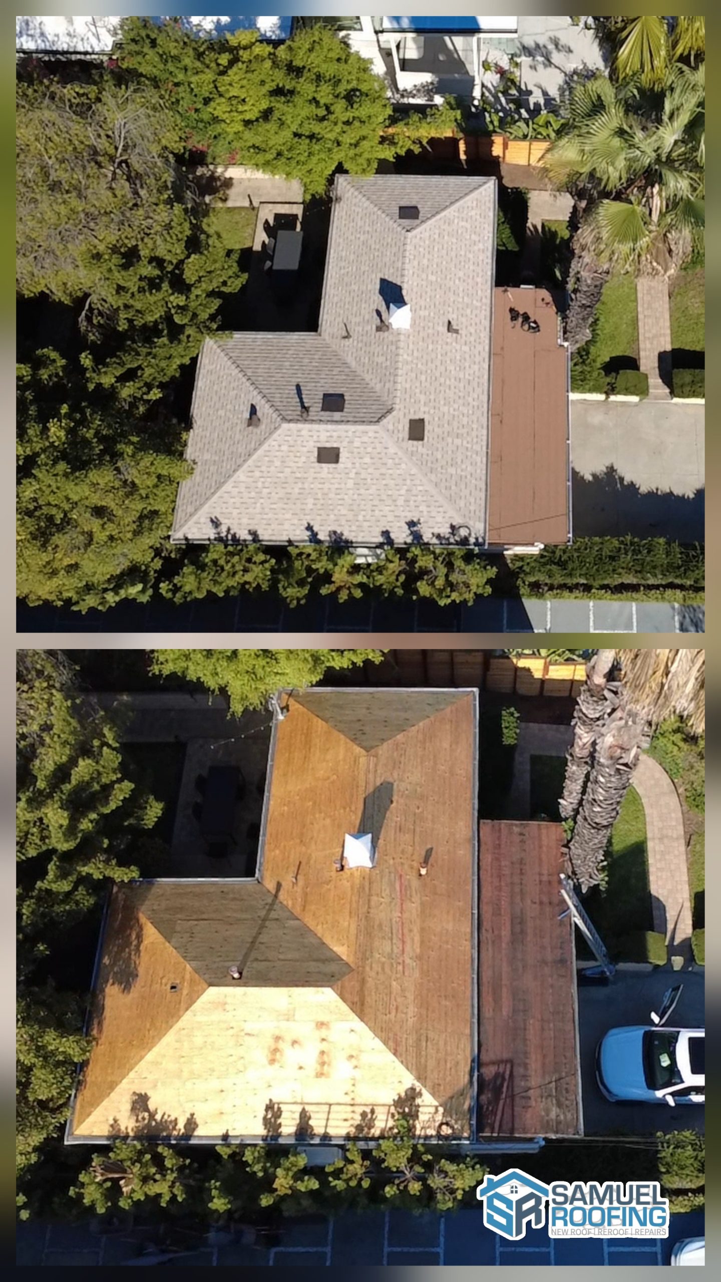 Asphalt Shingle Roof Replacement in Glendale, CA — before and after drone photo