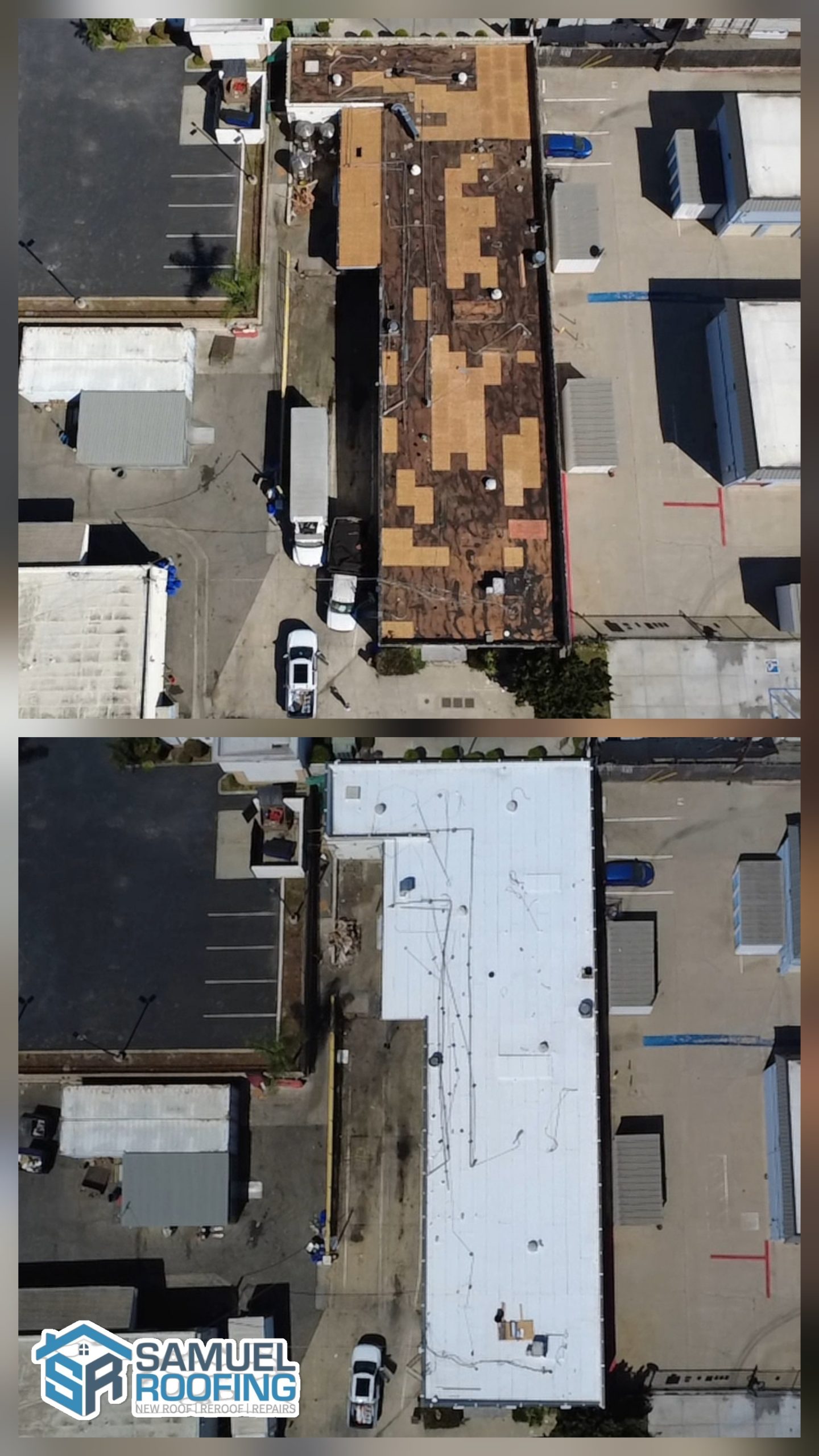 Torch Down Commercial Roofing in Long Beach, CA — before and after drone photo