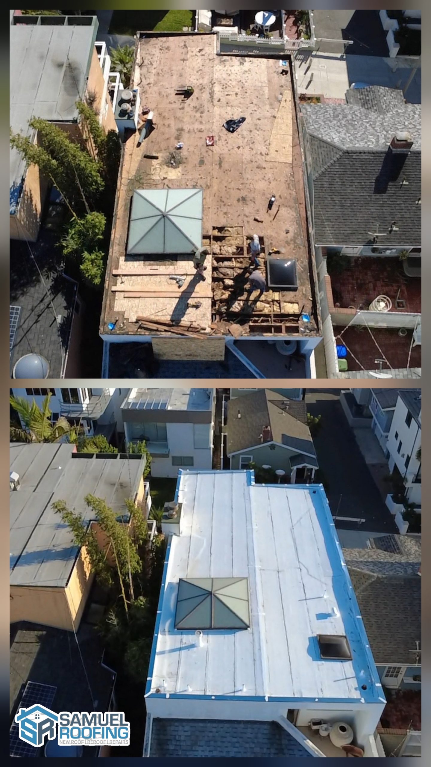 Torch Down Commercial Roofing in Palos Verdes, CA — before and after drone photo