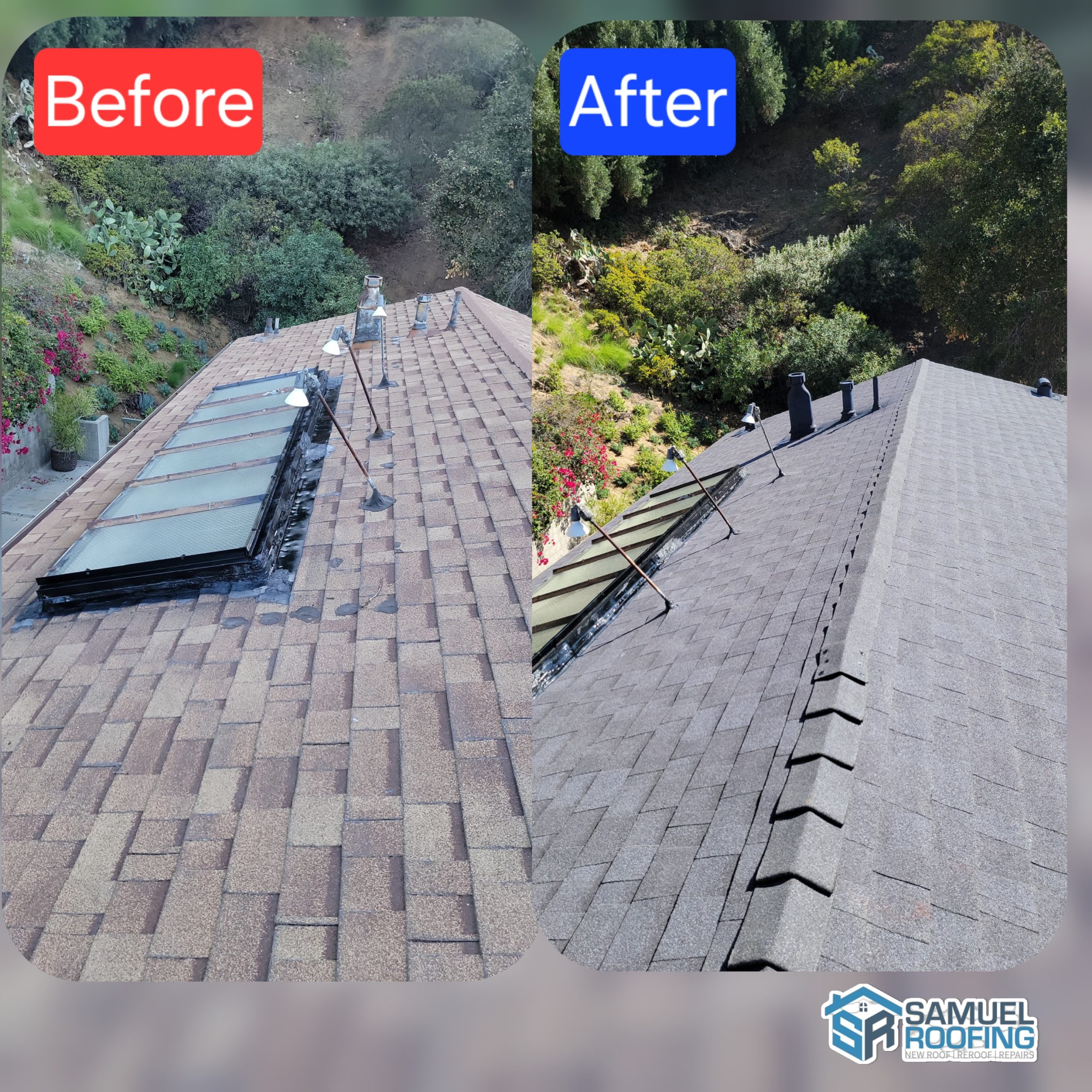 Asphalt Shingle Roof Replacement in Pasadena, CA — before and after drone photo