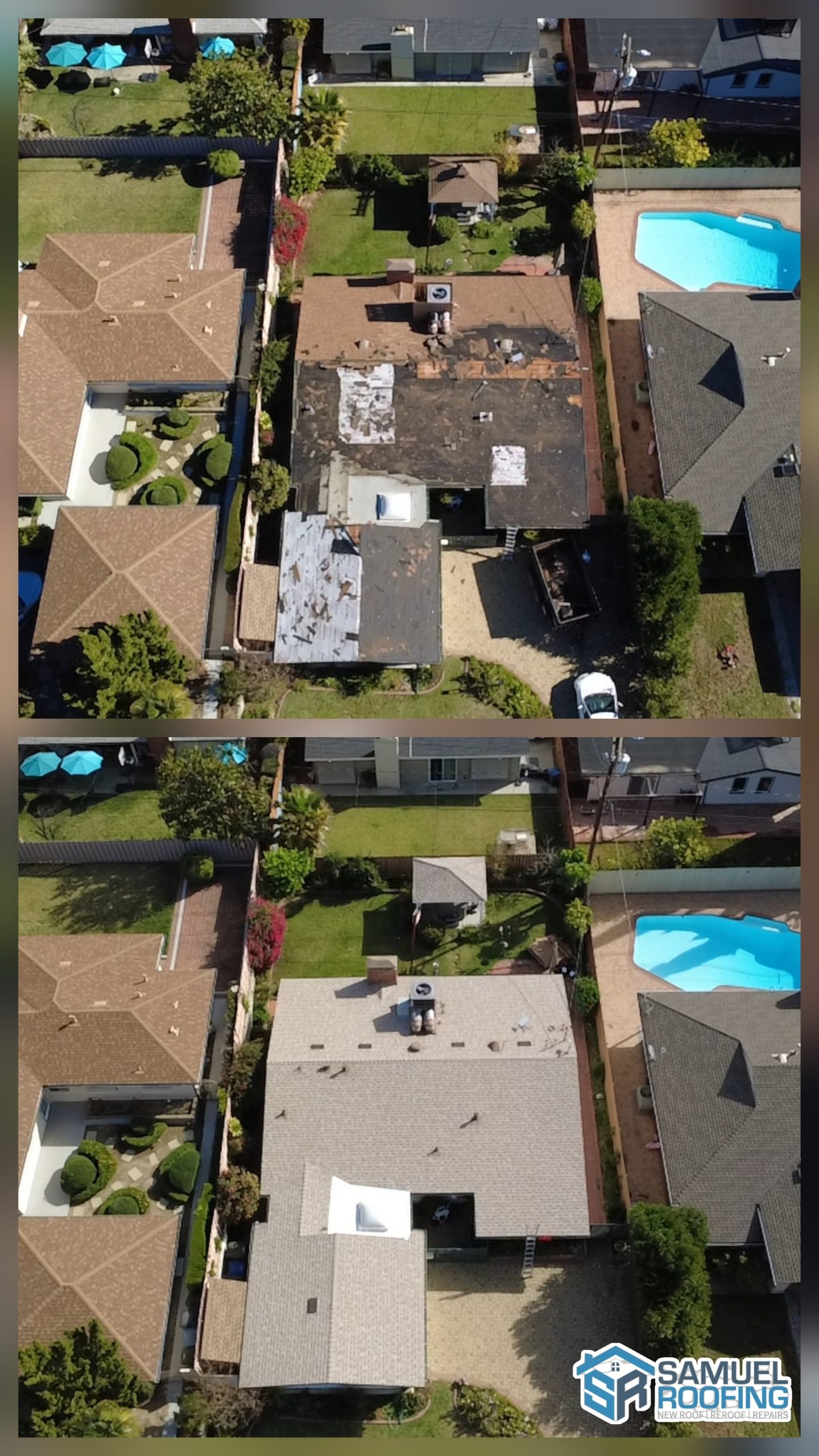 Asphalt Shingle Roof Replacement in Santa Clarita, CA — before and after drone photo