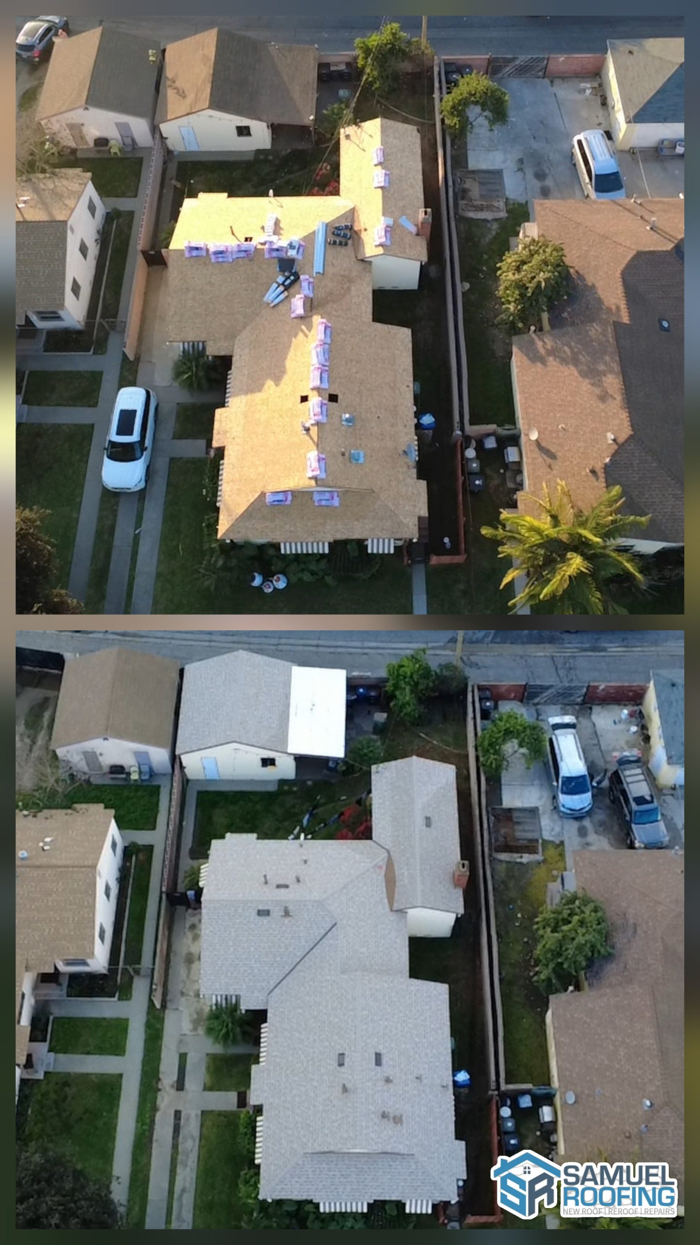 Asphalt Shingle Roof Replacement in Studio City, CA — before and after drone photo
