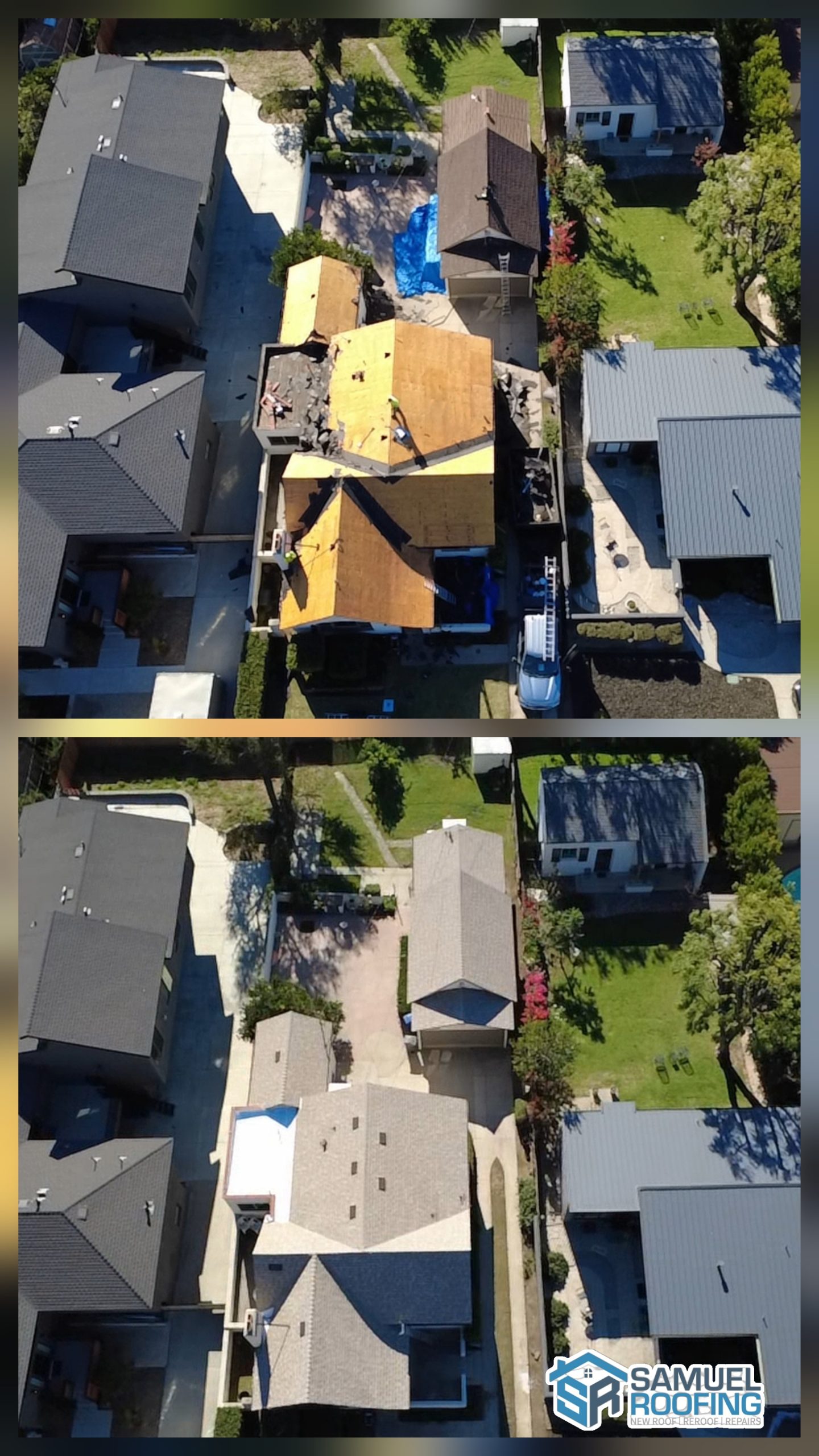 Asphalt Shingle Roof Replacement in Tarzana, CA — before and after drone photo