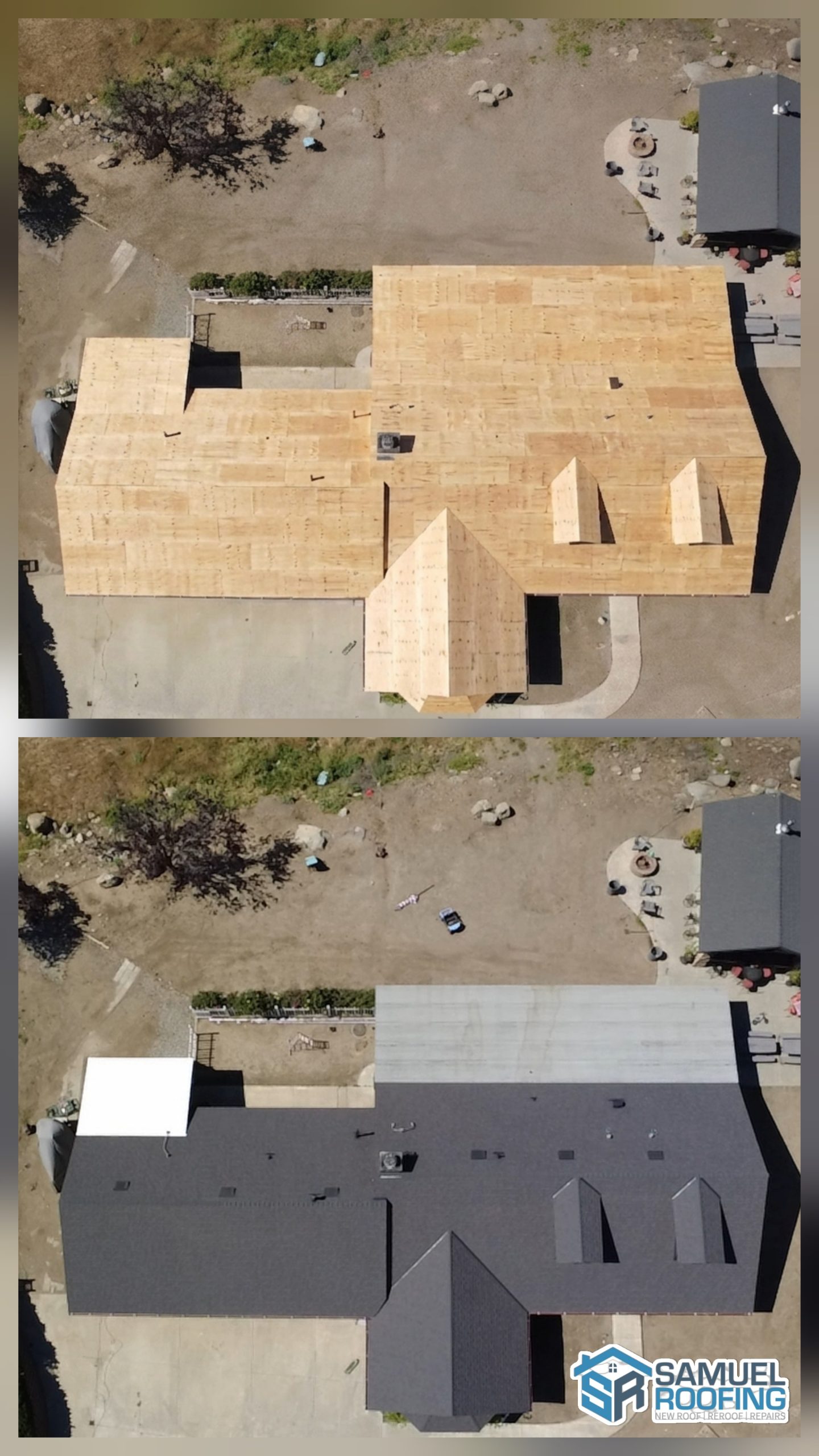 Asphalt Shingle Roof Replacement in Torrance, CA — before and after drone photo