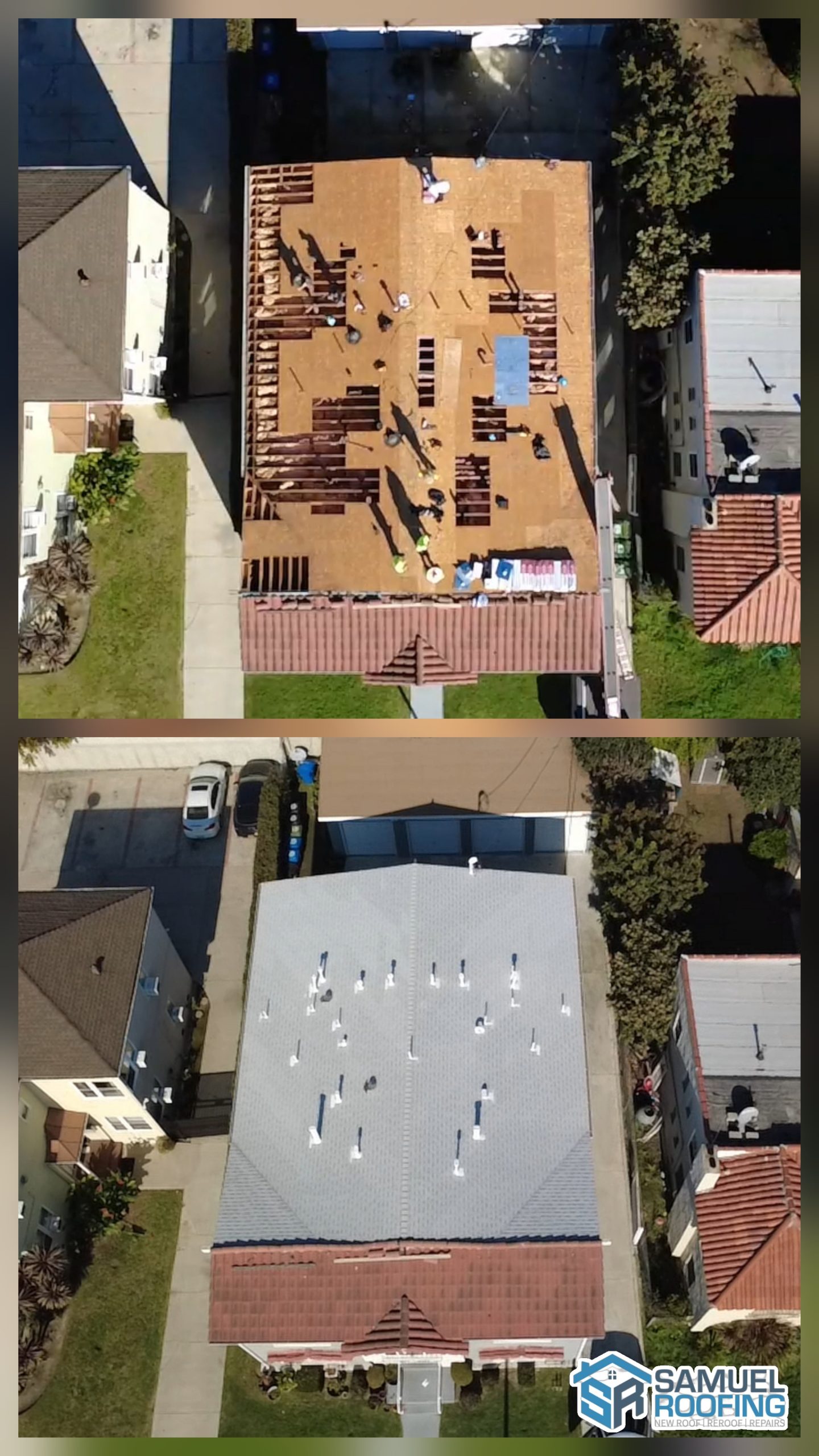 Asphalt Shingle Roof Replacement in Van Nuys, CA — before and after drone photo