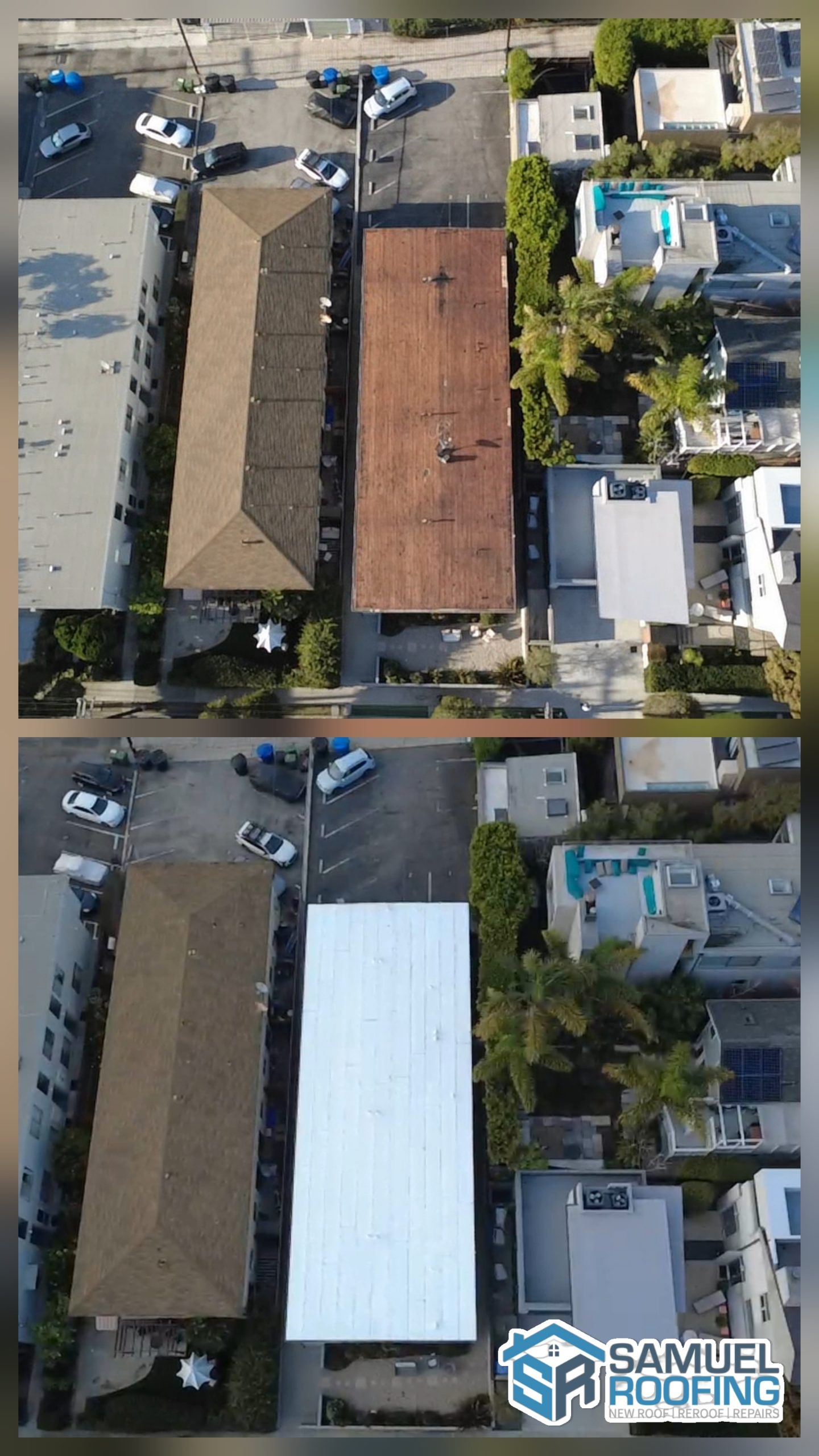 Torch Down Commercial Roofing in West Hollywood, CA — before and after drone photo