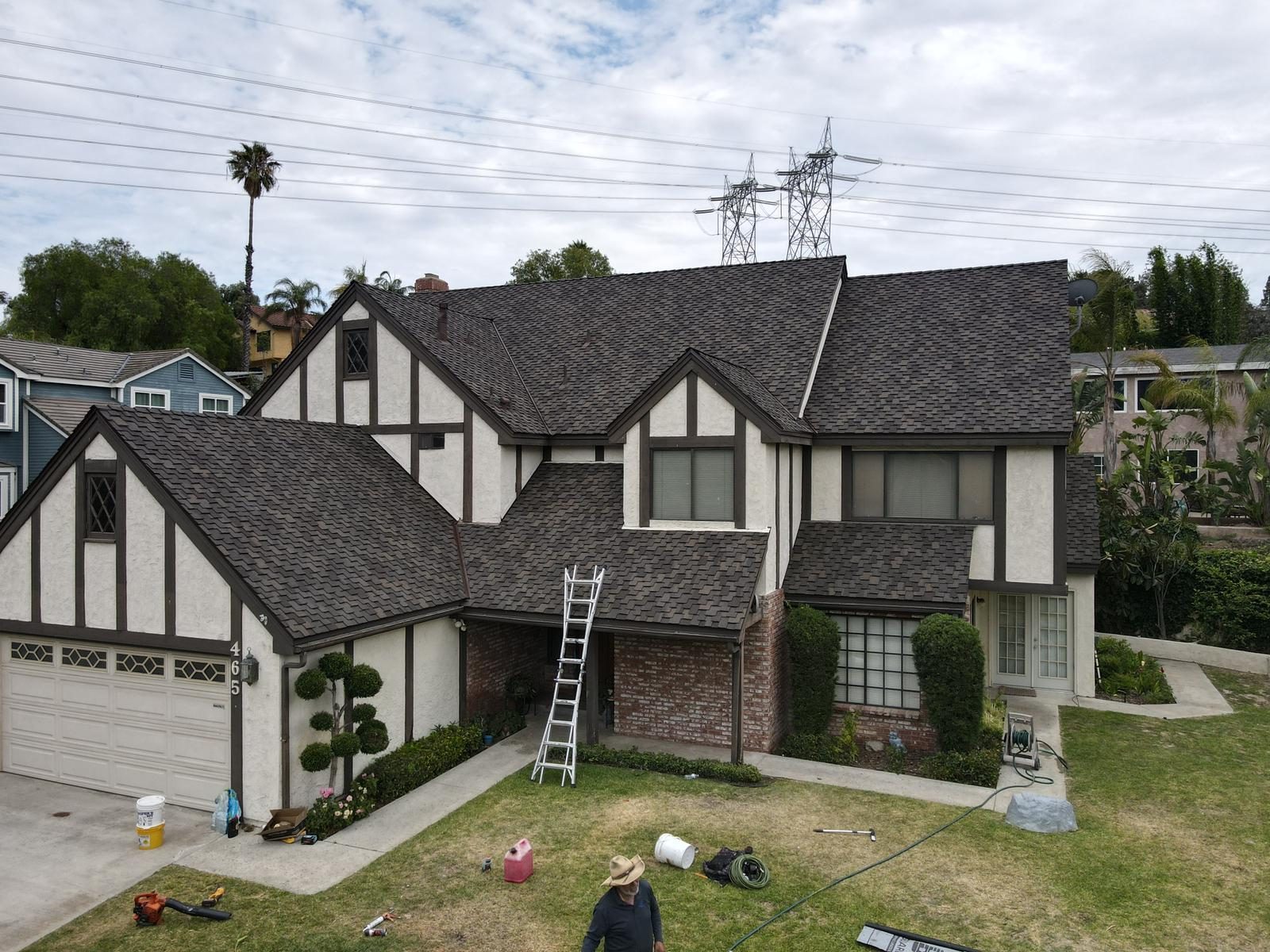 Drone photo of a completed architectural shingle re-roof by Samuel Roofing Inc. (portfolio photo)