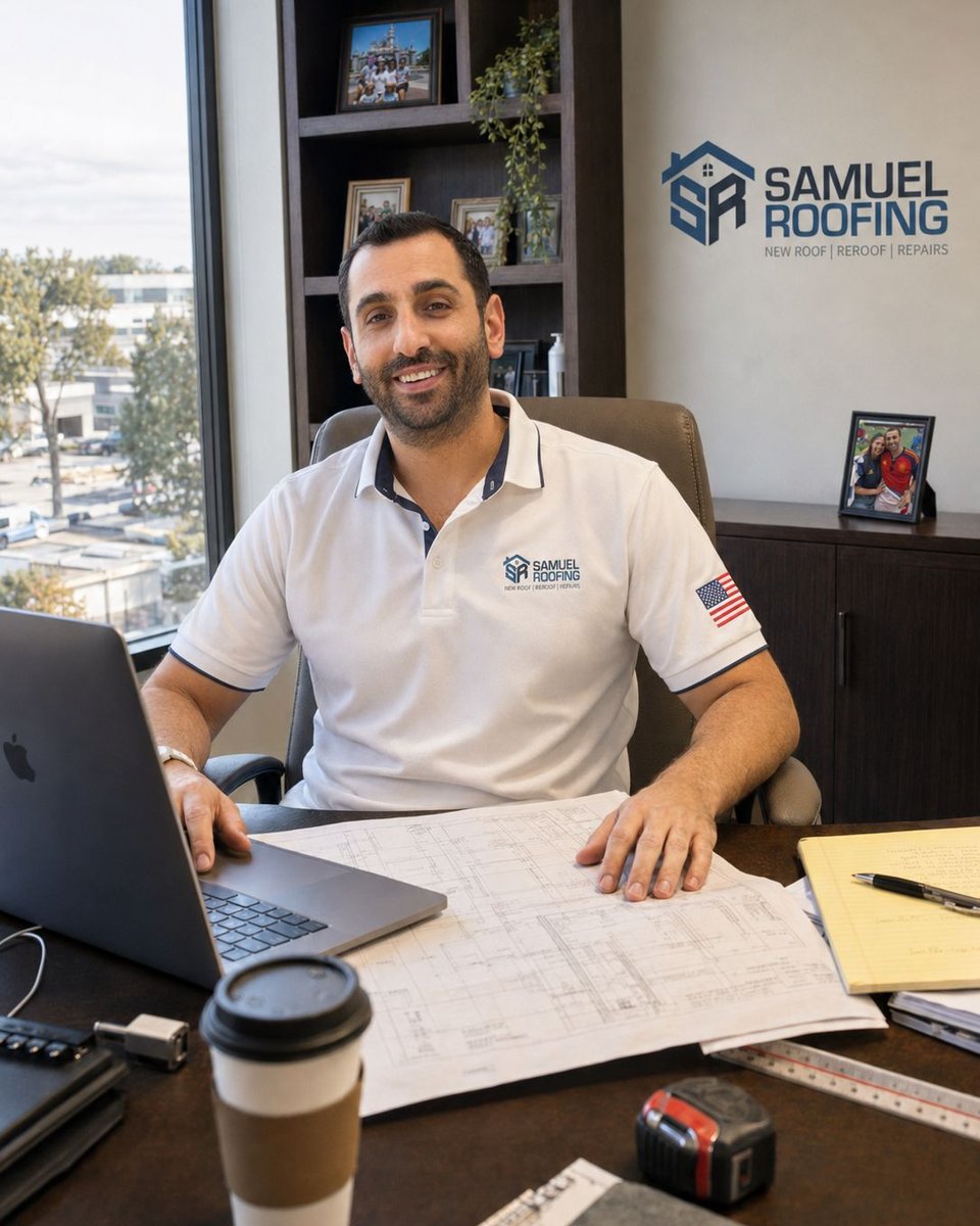 Sam, owner of Samuel Roofing Inc., at the company office in Sherman Oaks